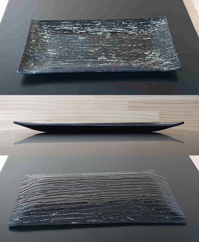送料無料】銀彩の黒ガラス皿 27.5ｃｍ長角皿（1ロット 25枚入り＋2枚